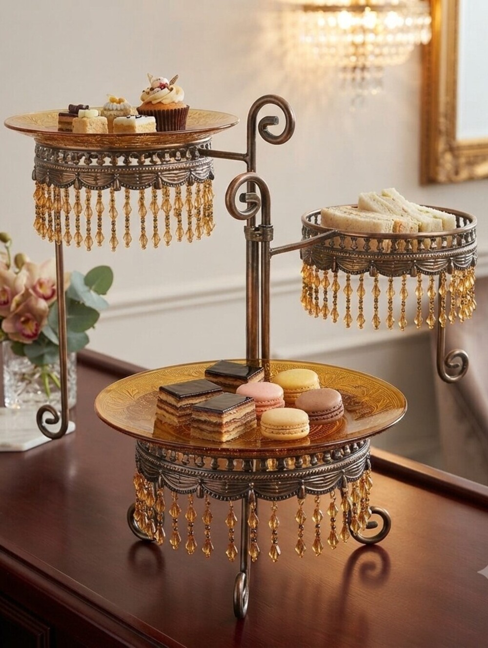 Vintage 3-Tier Metal Dessert Stand Amber Glass Plates Beaded Display Centerpiece